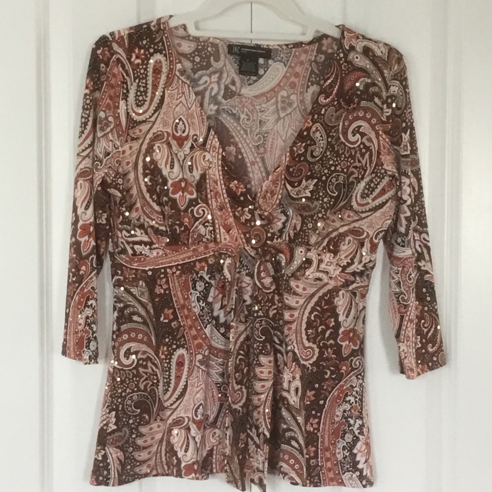 INC International Concepts Brown and Cream Paisley Blouse